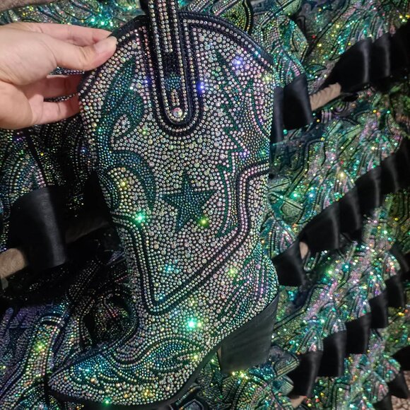 Women's Blue-green Multi-color Patterned Rhinestone Western Cowboy Mid-calf Boot - Picture 9 of 9